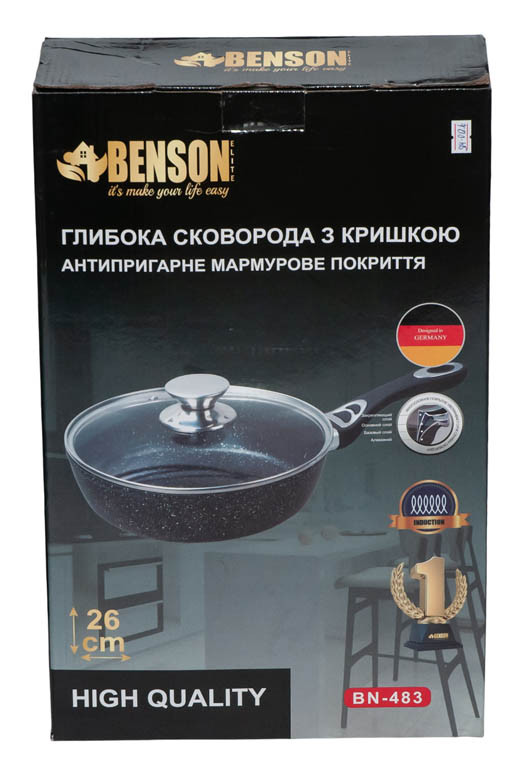 BN-483 Benson Сковорода з кришкою глибока мармурове антипригарне покриття 26*7см - Зображення 2